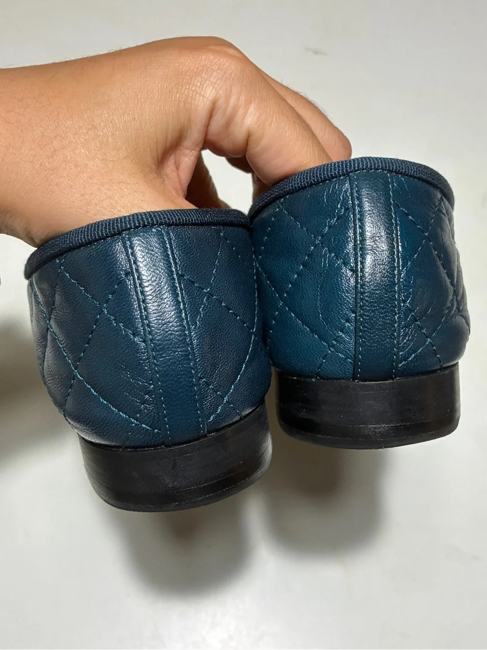 CHANEL Dark Blue Quilted Leather Ballet Flats with CC Logo